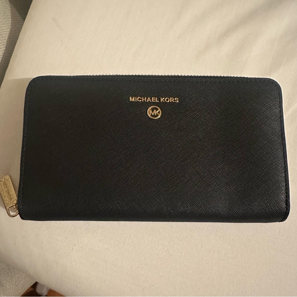 Michael Kors Black Zip Around Wallet, Gold